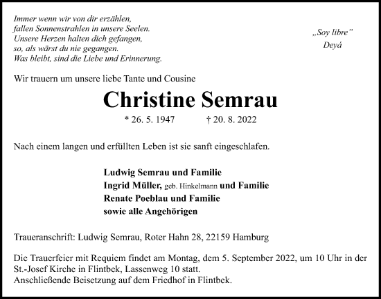 Traueranzeige von Christine Semrau von Kieler Nachrichten