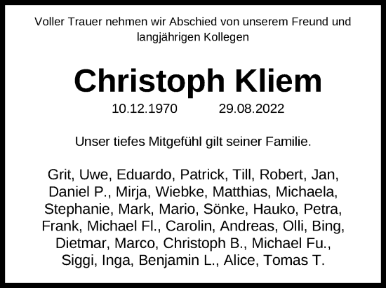 Traueranzeige von Christoph Kliem von Kieler Nachrichten