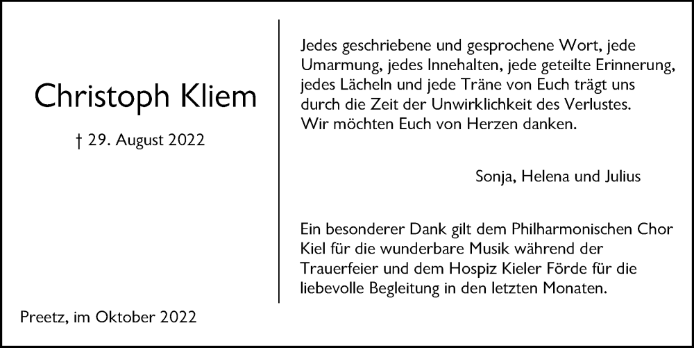  Traueranzeige für Christoph Kliem vom 01.10.2022 aus Kieler Nachrichten