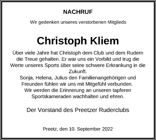 Traueranzeige von Christoph Kliem von Kieler Nachrichten