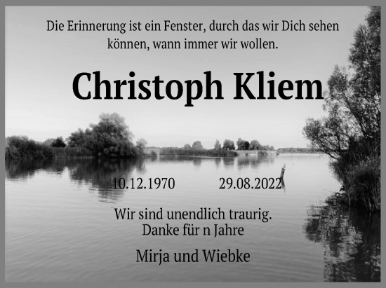 Traueranzeige von Christoph Kliem von Kieler Nachrichten