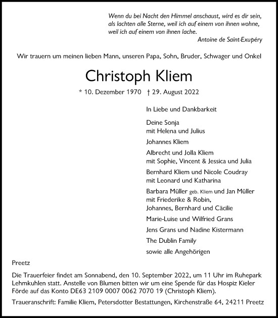 Traueranzeige von Christoph Kliem von Kieler Nachrichten