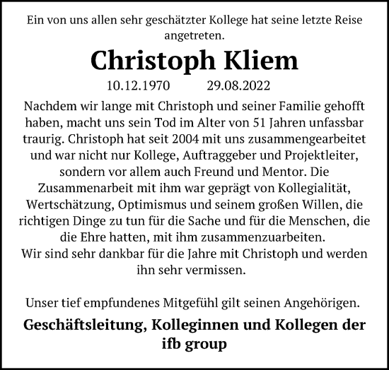 Traueranzeige von Christoph Kliem von Kieler Nachrichten