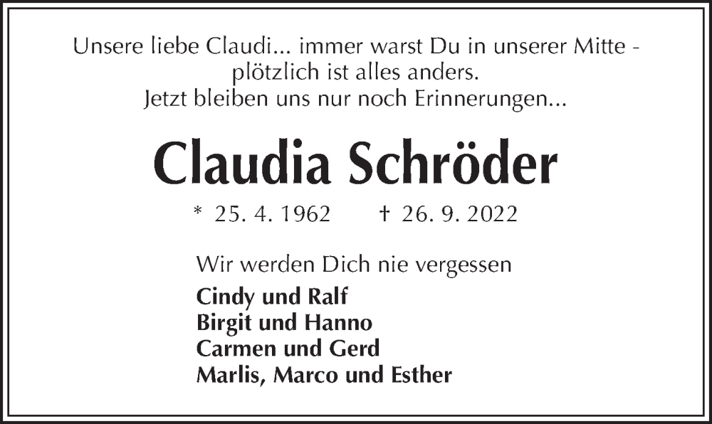  Traueranzeige für Claudia Schröder vom 01.10.2022 aus Kieler Nachrichten