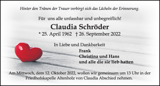 Traueranzeige von Claudia Schröder von Kieler Nachrichten