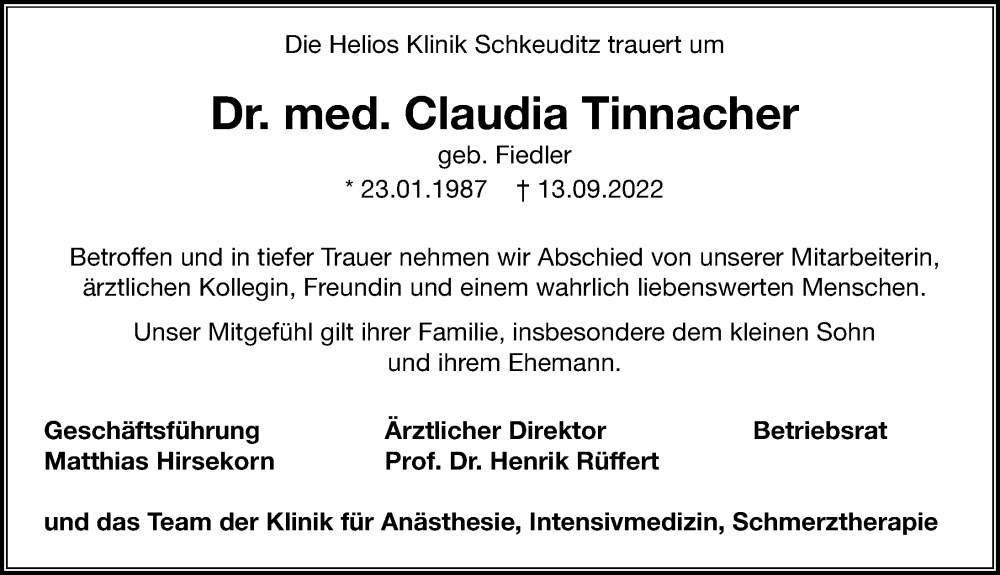  Traueranzeige für Claudia Tinnacher vom 17.09.2022 aus Leipziger Volkszeitung
