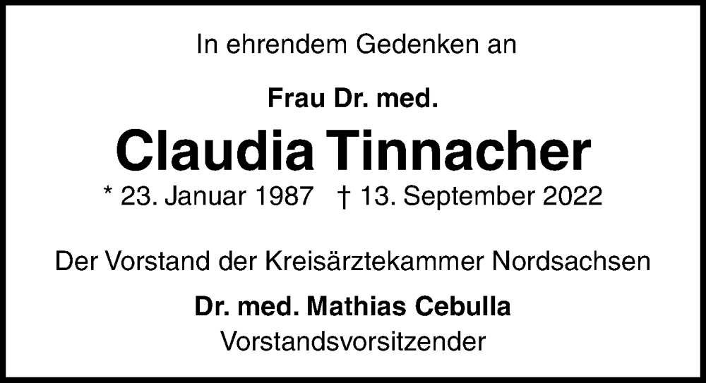  Traueranzeige für Claudia Tinnacher vom 24.09.2022 aus Leipziger Volkszeitung