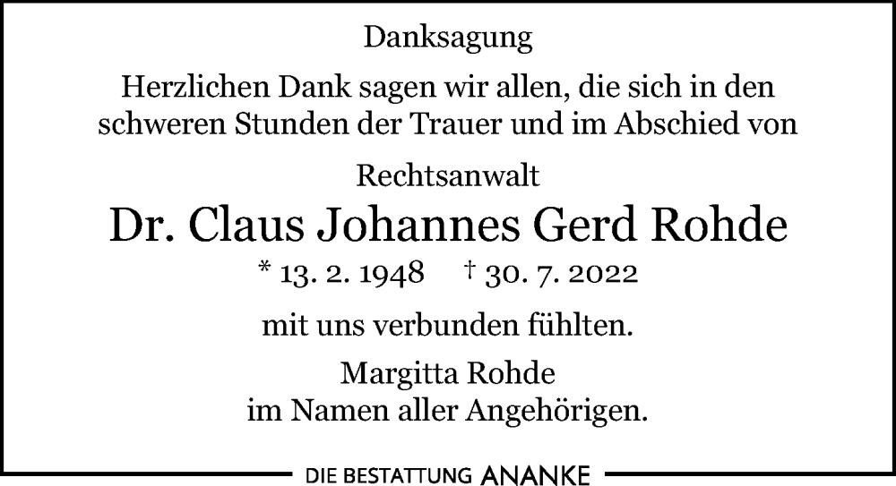  Traueranzeige für Claus Johannes Gerd Rohde vom 03.09.2022 aus Leipziger Volkszeitung