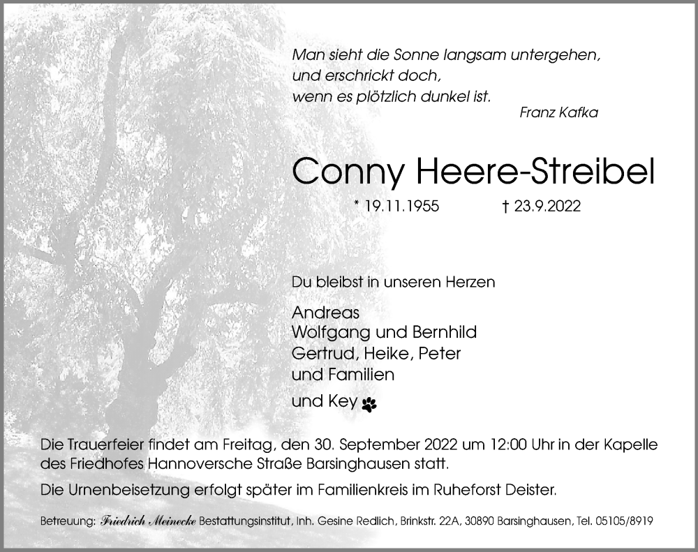  Traueranzeige für Conny Heere-Streibel vom 28.09.2022 aus Hannoversche Allgemeine Zeitung/Neue Presse