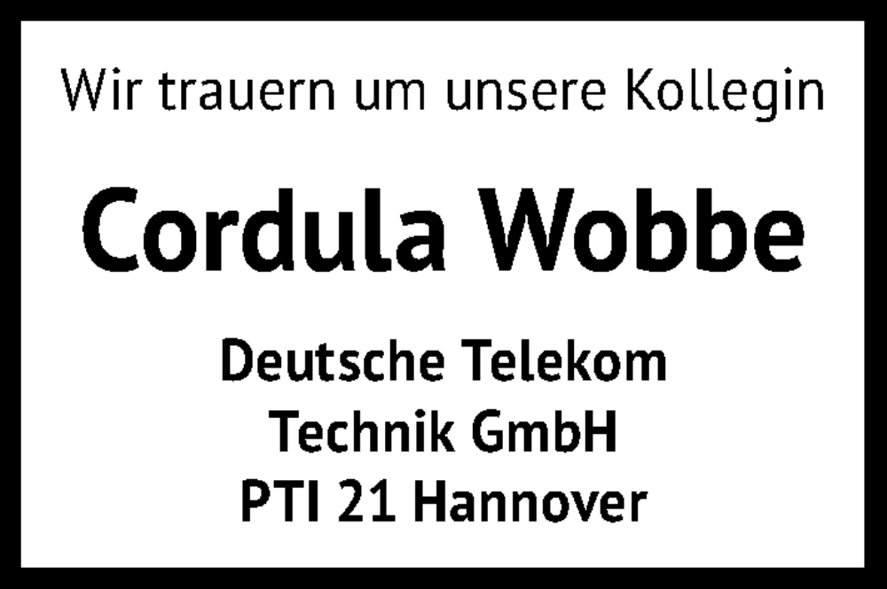  Traueranzeige für Cordula Wobbe vom 17.09.2022 aus Hannoversche Allgemeine Zeitung/Neue Presse