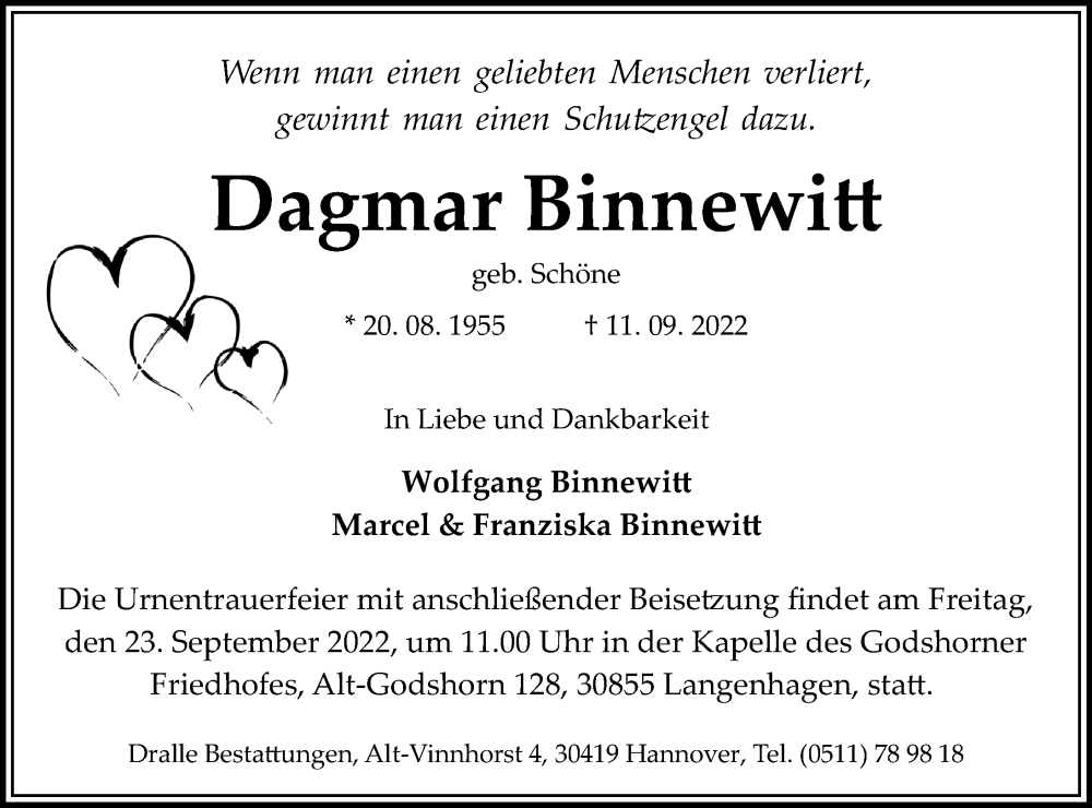  Traueranzeige für Dagmar Binnewitt vom 17.09.2022 aus Hannoversche Allgemeine Zeitung/Neue Presse