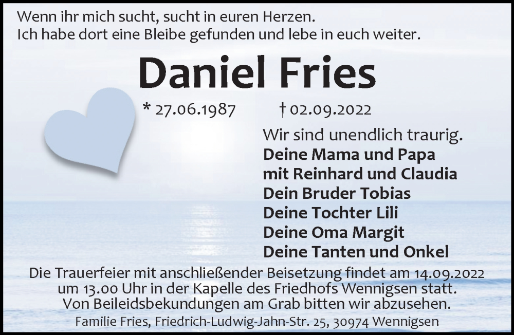  Traueranzeige für Daniel Fries vom 13.09.2022 aus Hannoversche Allgemeine Zeitung/Neue Presse