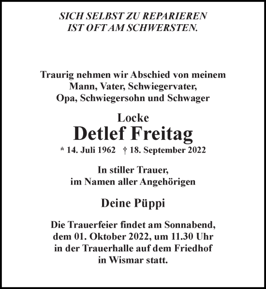 Traueranzeige von Detlef Freitag von Ostsee-Zeitung GmbH
