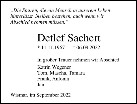Traueranzeige von Detlef Sachert von Ostsee-Zeitung GmbH