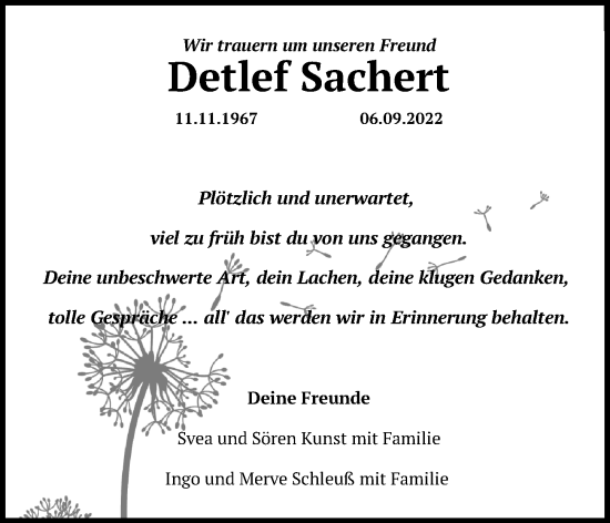 Traueranzeige von Detlef Sachert von Ostsee-Zeitung GmbH