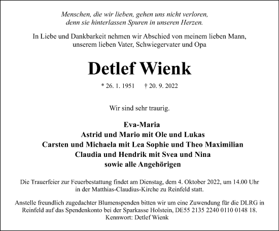 Traueranzeige von Detlef Wienk von Lübecker Nachrichten