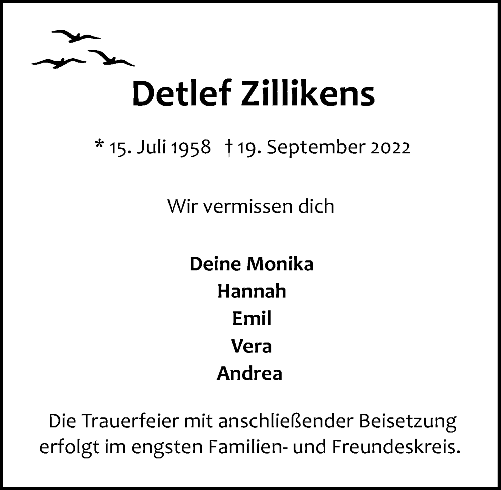 Traueranzeige für Detlef Zillikens vom 25.09.2022 aus Lübecker Nachrichten