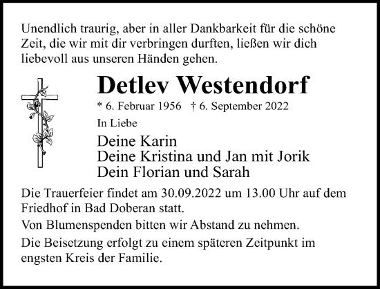 Traueranzeige von Detlev Westendorf von Ostsee-Zeitung GmbH