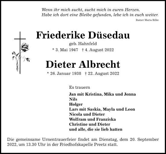 Traueranzeige von Dieter Albrecht von Kieler Nachrichten