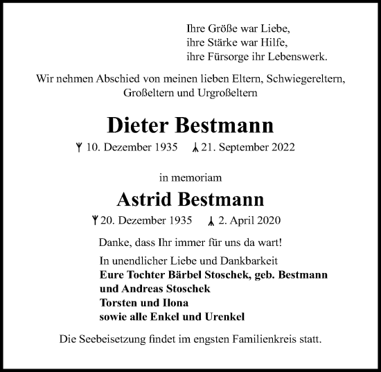 Traueranzeige von Dieter Bestmann von Lübecker Nachrichten