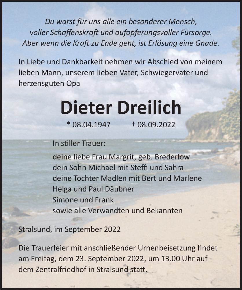  Traueranzeige für Dieter Dreilich vom 17.09.2022 aus Ostsee-Zeitung GmbH