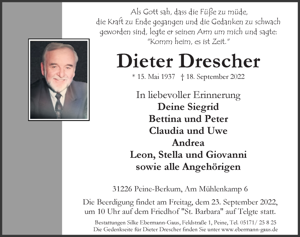  Traueranzeige für Dieter Drescher vom 21.09.2022 aus Peiner Allgemeine Zeitung