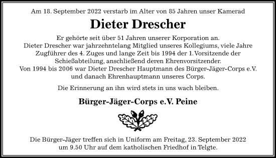 Traueranzeige von Dieter Drescher von Peiner Allgemeine Zeitung