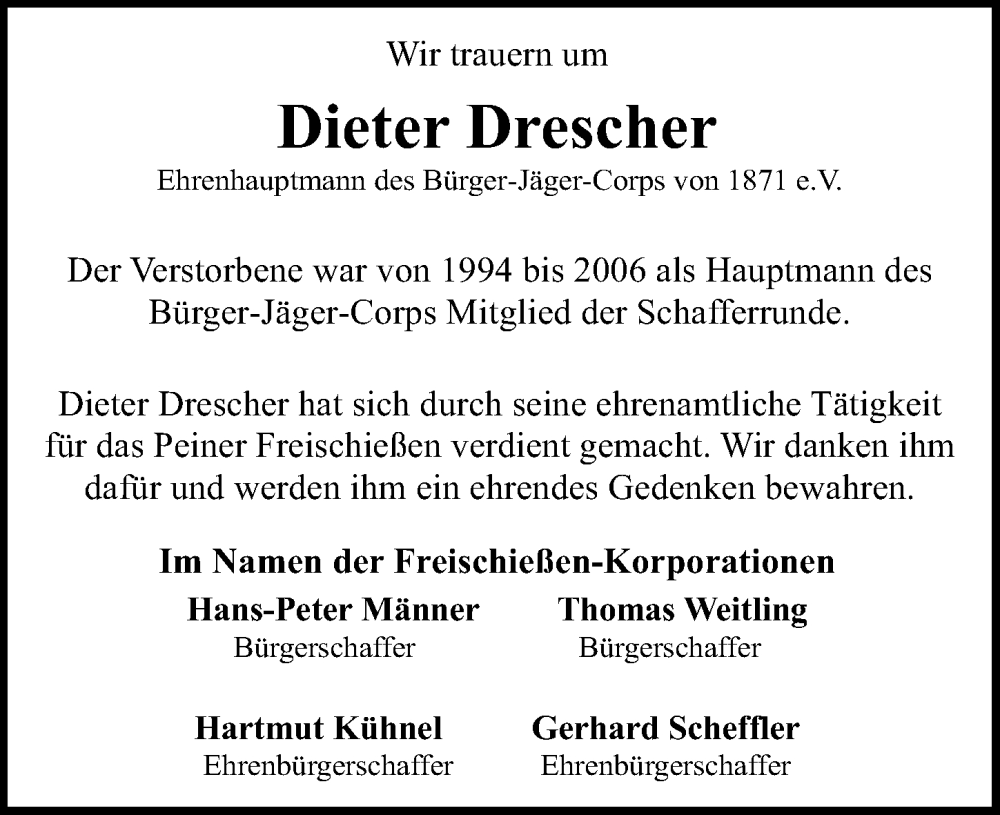  Traueranzeige für Dieter Drescher vom 23.09.2022 aus Peiner Allgemeine Zeitung