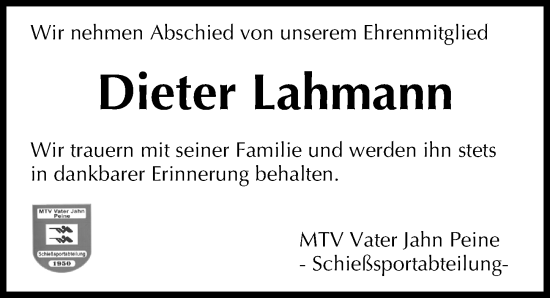 Traueranzeige von Dieter Lahmann von Peiner Allgemeine Zeitung