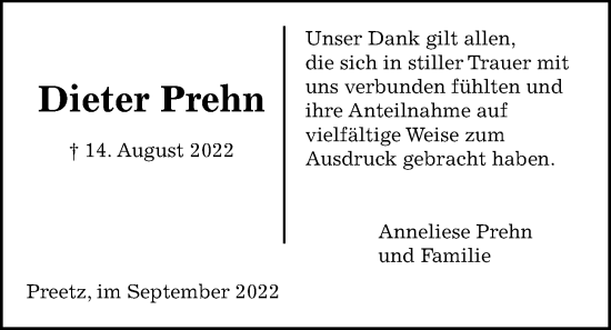 Traueranzeige von Dieter Prehn von Kieler Nachrichten