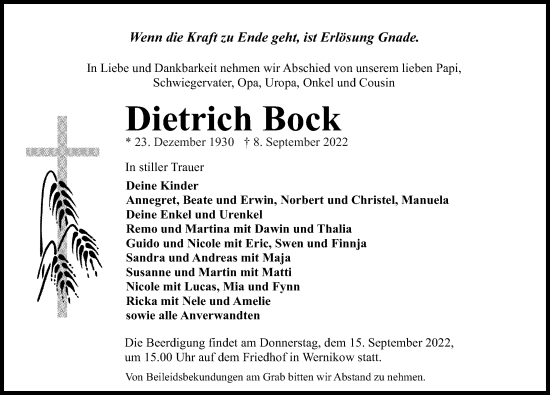 Traueranzeige von Dietrich Bock von Märkischen Allgemeine Zeitung