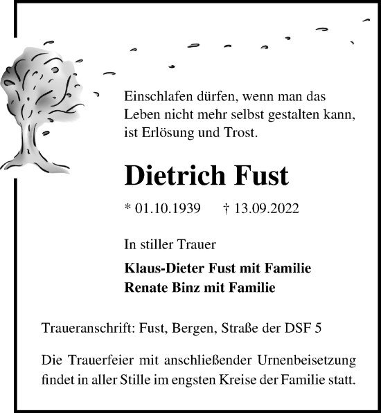 Traueranzeige von Dietrich Fust von Ostsee-Zeitung GmbH