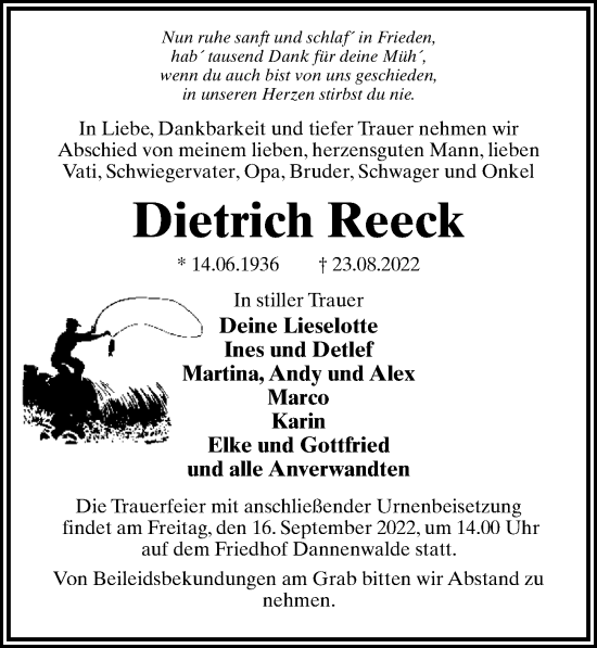 Traueranzeige von Dietrich Reeck von Märkischen Allgemeine Zeitung