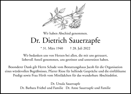 Traueranzeige von Dietrich Sauerzapfe von Leipziger Volkszeitung