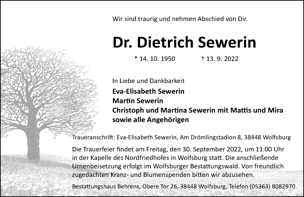  Traueranzeige für Dietrich Sewerin vom 17.09.2022 aus Aller Zeitung