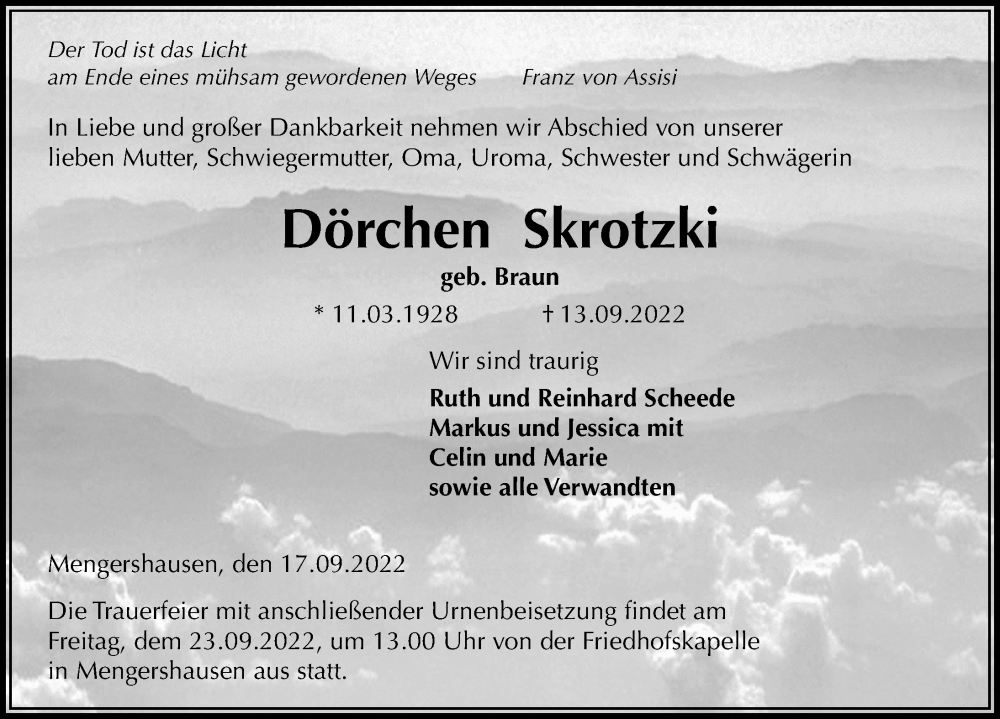  Traueranzeige für Dörchen Skrotzki vom 17.09.2022 aus Göttinger Tageblatt