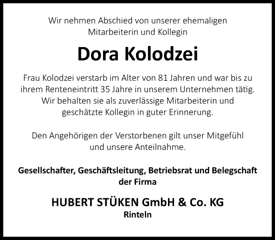 Traueranzeige von Dora Kolodzei von Schaumburger Nachrichten