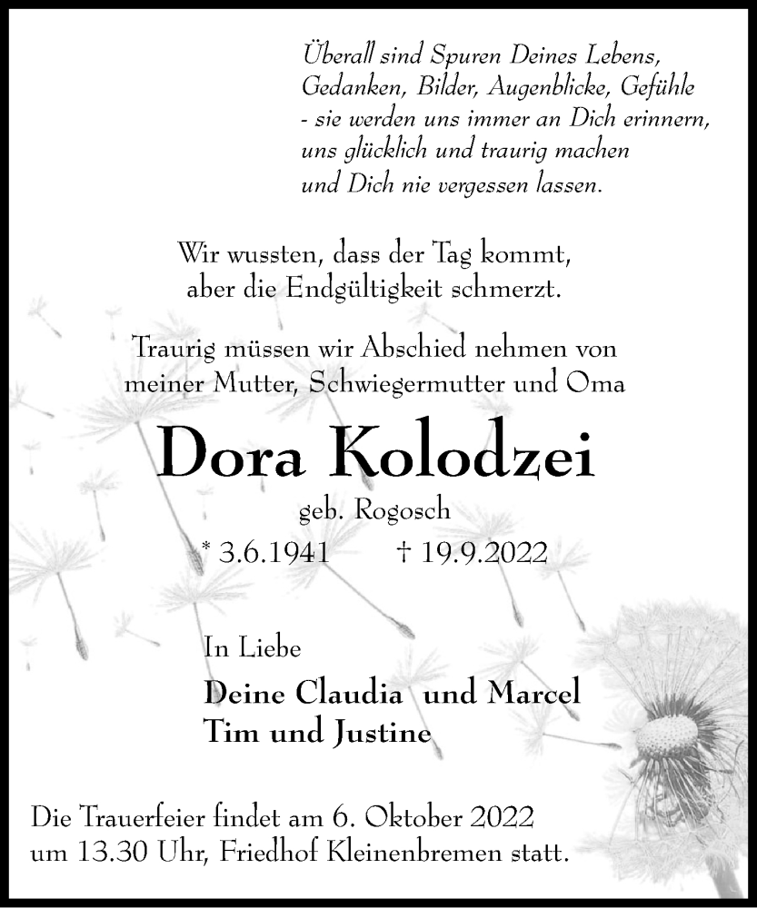  Traueranzeige für Dora Kolodzei vom 24.09.2022 aus Schaumburger Nachrichten