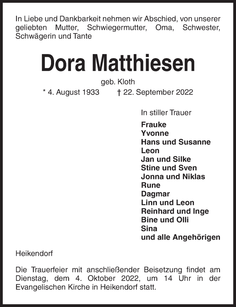  Traueranzeige für Dora Matthiesen vom 28.09.2022 aus Kieler Nachrichten