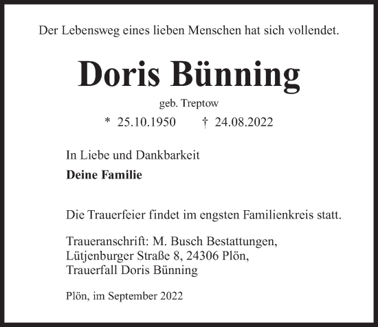 Traueranzeige von Doris Bünning von Kieler Nachrichten