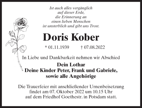 Traueranzeige von Doris Kober von Märkischen Allgemeine Zeitung