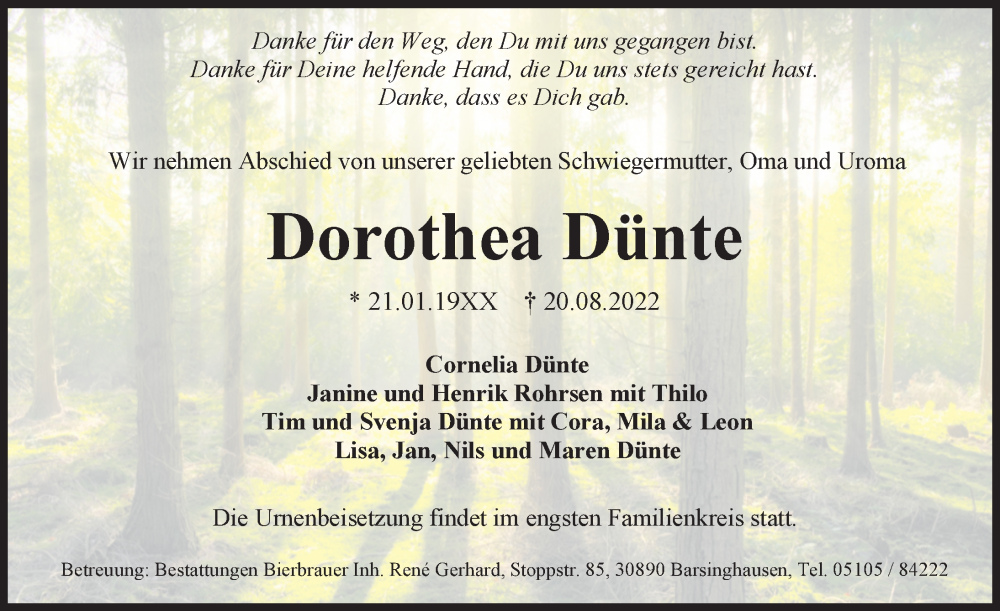  Traueranzeige für Dorothea Dünte vom 10.09.2022 aus Hannoversche Allgemeine Zeitung/Neue Presse