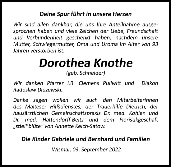 Traueranzeige von Dorothea Knothe von Ostsee-Zeitung GmbH