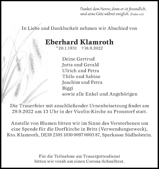 Traueranzeige von Eberhard Klamroth von Lübecker Nachrichten