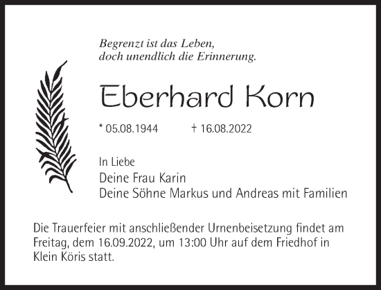 Traueranzeige von Eberhard Korn von Märkischen Allgemeine Zeitung