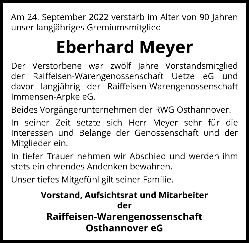  Traueranzeige für Eberhard Meyer vom 29.09.2022 aus Hannoversche Allgemeine Zeitung/Neue Presse