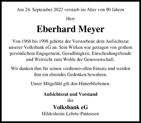 Traueranzeige von Eberhard Meyer von Hannoversche Allgemeine Zeitung/Neue Presse