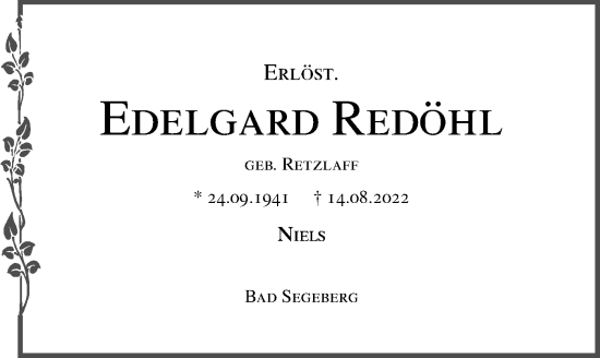 Traueranzeige von Edelgard Redöhl von Lübecker Nachrichten