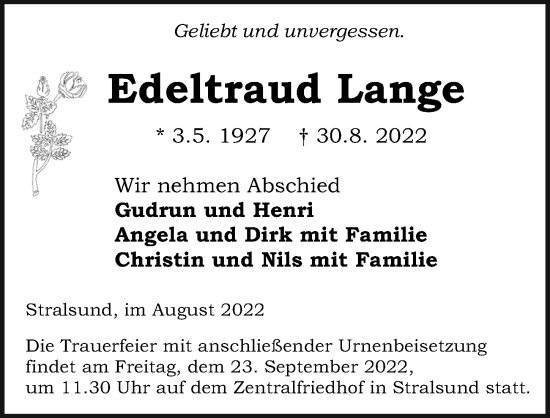 Traueranzeige von Edeltraud Lange von Ostsee-Zeitung GmbH