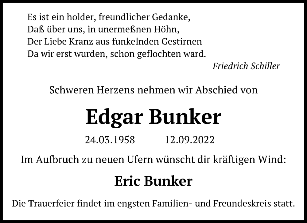  Traueranzeige für Edgar Bunker vom 17.09.2022 aus Göttinger Tageblatt